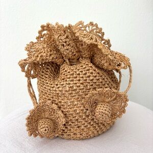 Florabella Raffia Bucket Bag NWT Ruffle Top Drawstring Flowers Cotton Lined Boho